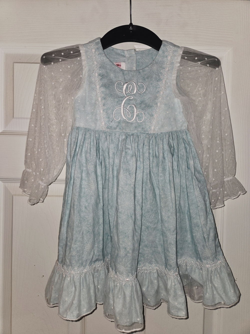 NWOT Ricrac Ruffles Pale Blue Monogrammed "E" Dress Sheer White Lace Sleeves